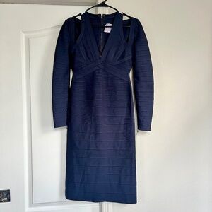 Herve Leger Navy Long Sleeve Bodycon Bandage Dress with Cutouts Size Medium